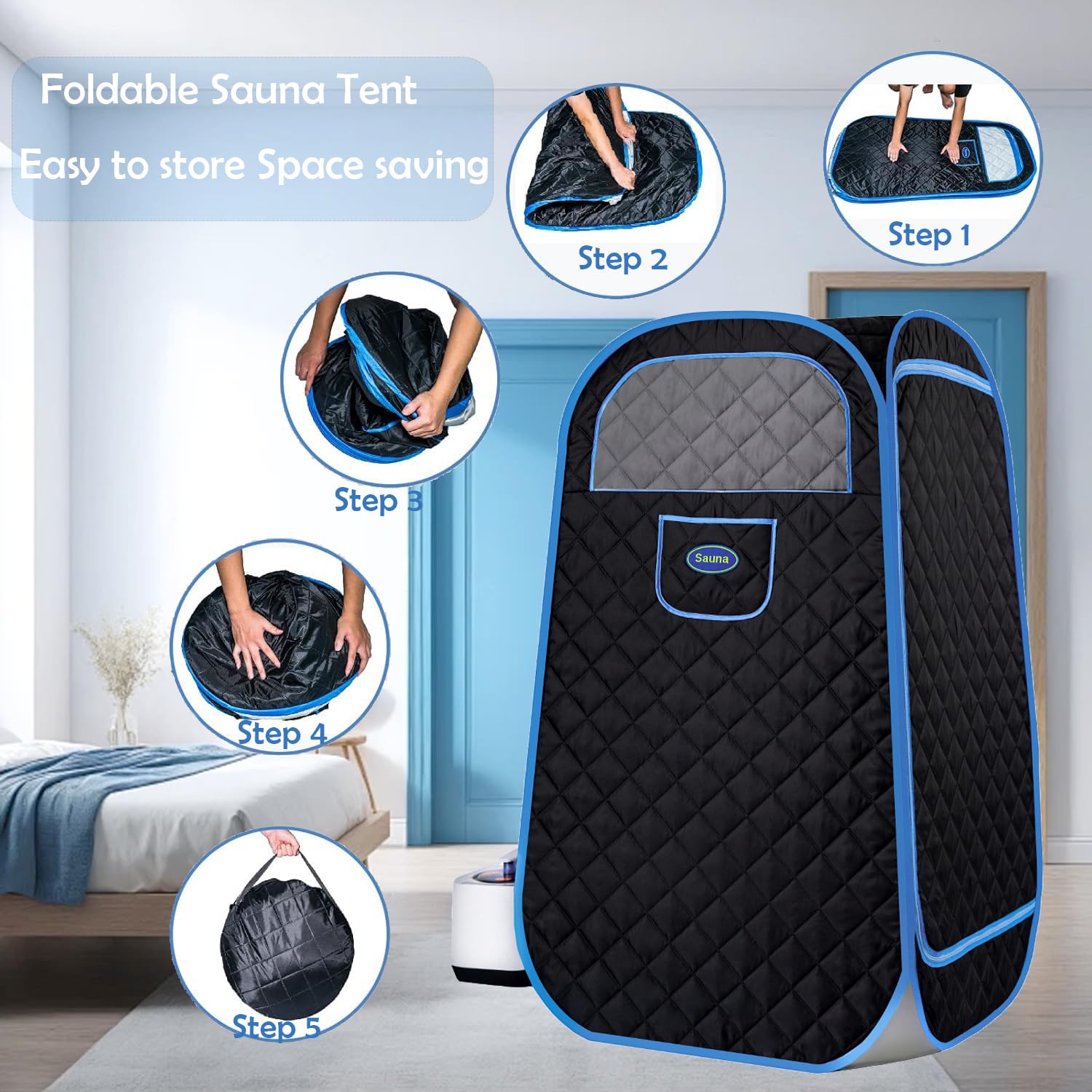 Portable Folding Sauna Tent OEM, Portable Folding Full Size Steam Sauna With 1500w &3L Steam Generator, Personal Sauna Tent for Relaxation & Spa at Home, Remote Control, Folding Chair, CE Certified