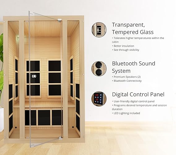 1- Person Infrared Sauna, Remotely Controllable Indoor Sauna, LowEMF 1200W/120V LCD Heater,WiFi &BT Control,9-Color LightTherapy, Safe Flame-Retardant Material,Wood